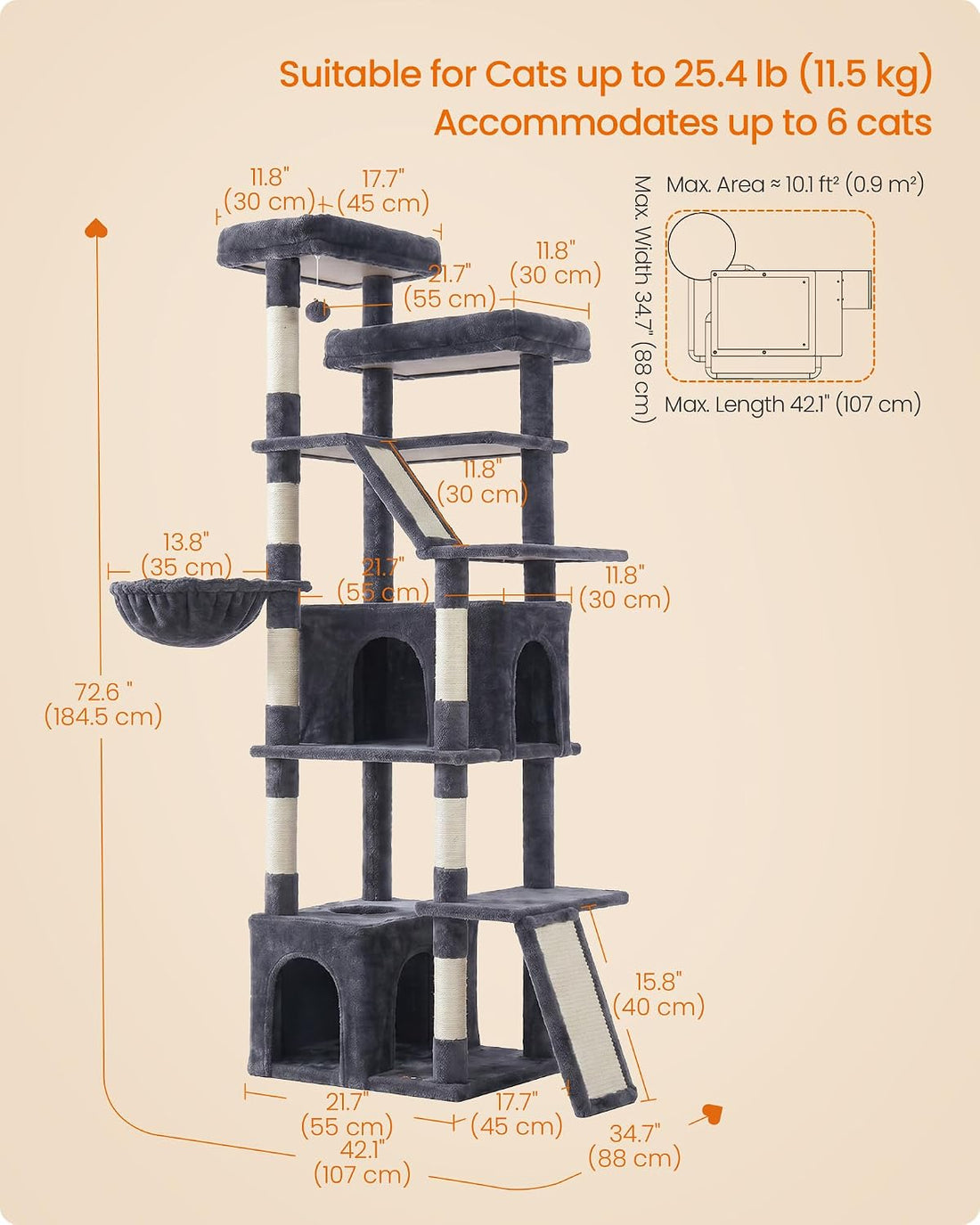 Feandrea Large Cat Tree, 72.6" Tall Sturdy Cat Tower for Indoor