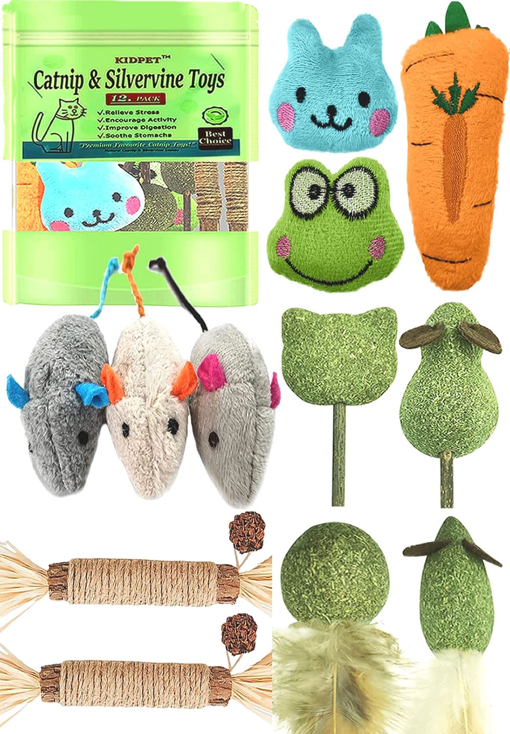 Kidpet 12 Pack Catnip & Silvervine Cat Toys — Organic Catnip Balls