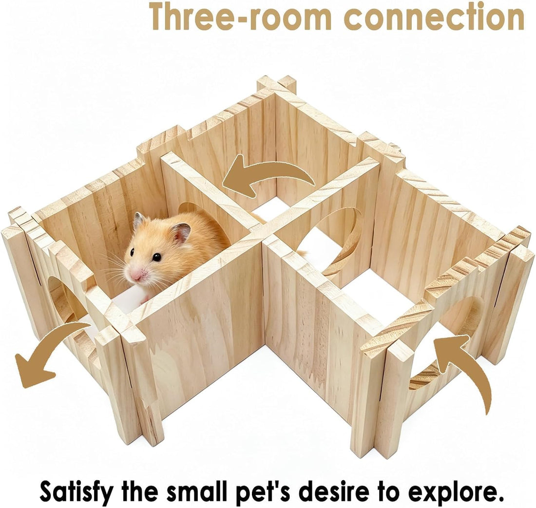 Wooden Hamster Hideout House with Platform, Bowl & Ladder