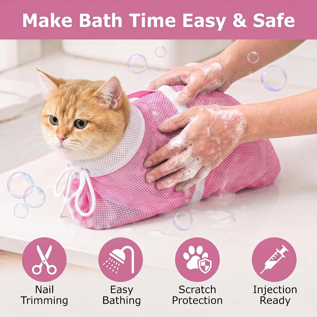 Pink Cat Bathing Bag, Breathable Mesh Anti Bite Anti Scratch Cat
