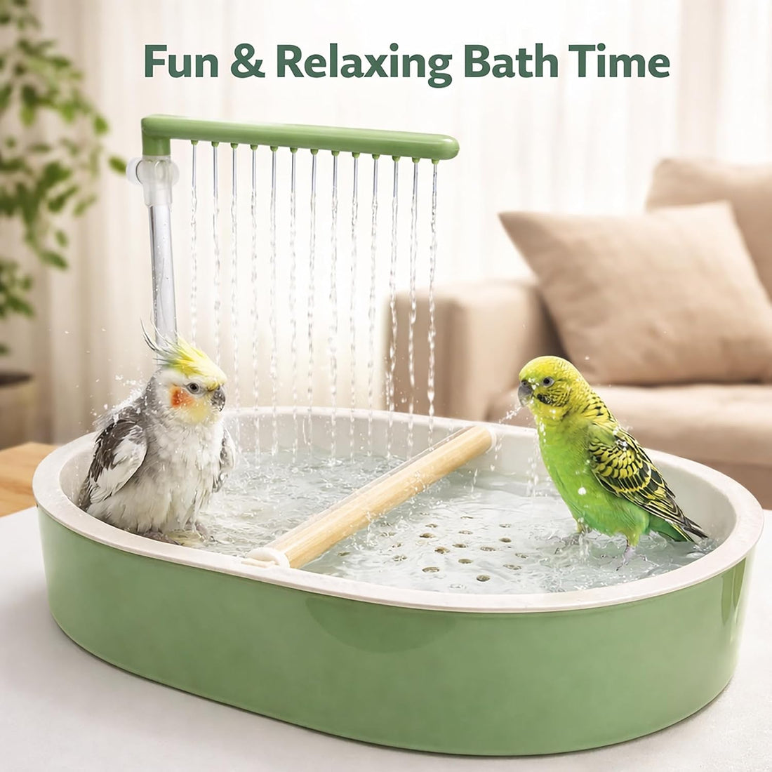 Indoor Bird Bath Fountain, Dual Rainfall Parrot Shower with Anti-Clog