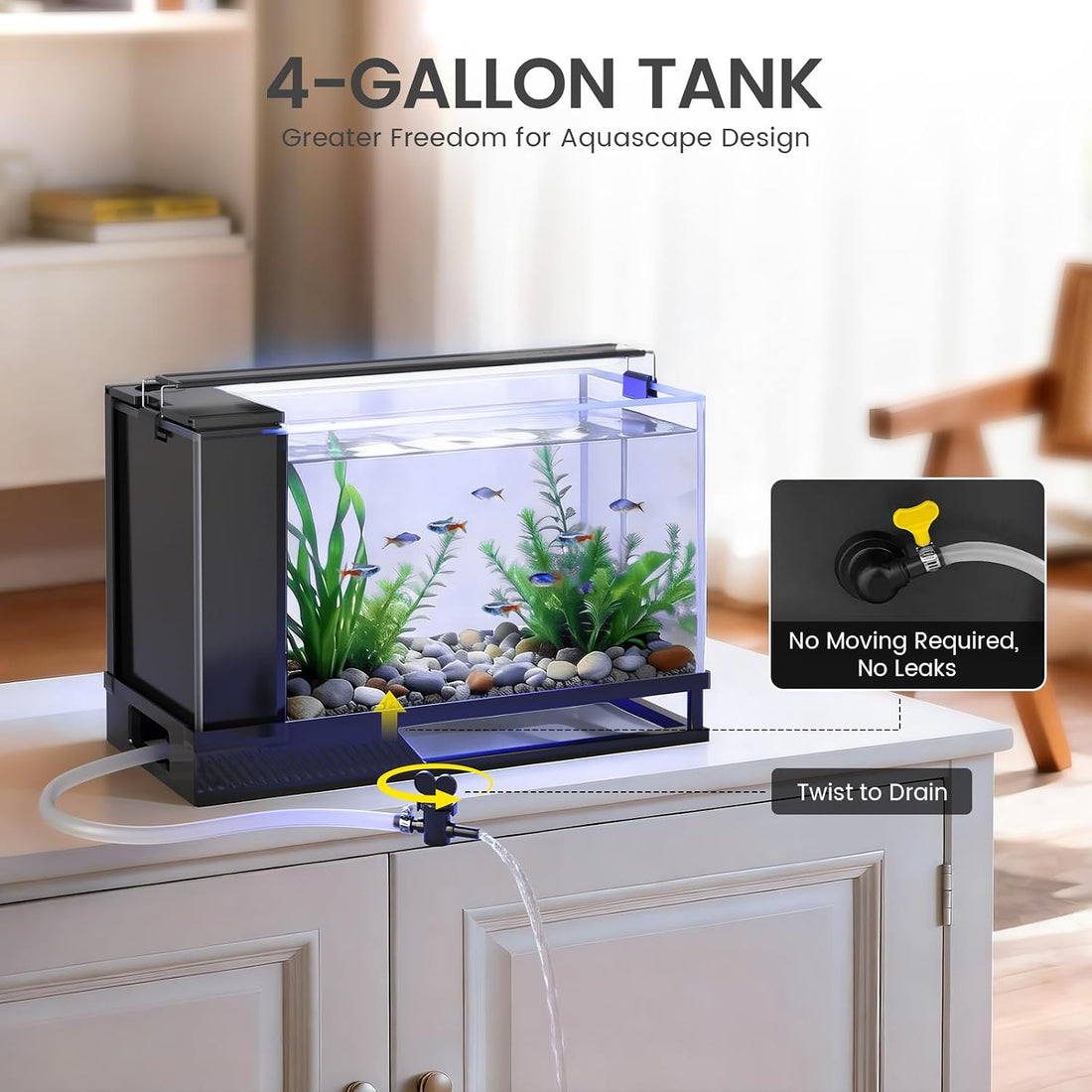 Fish Tank Kit Starter Aquariums 4 Gallon with Bottom Drainage