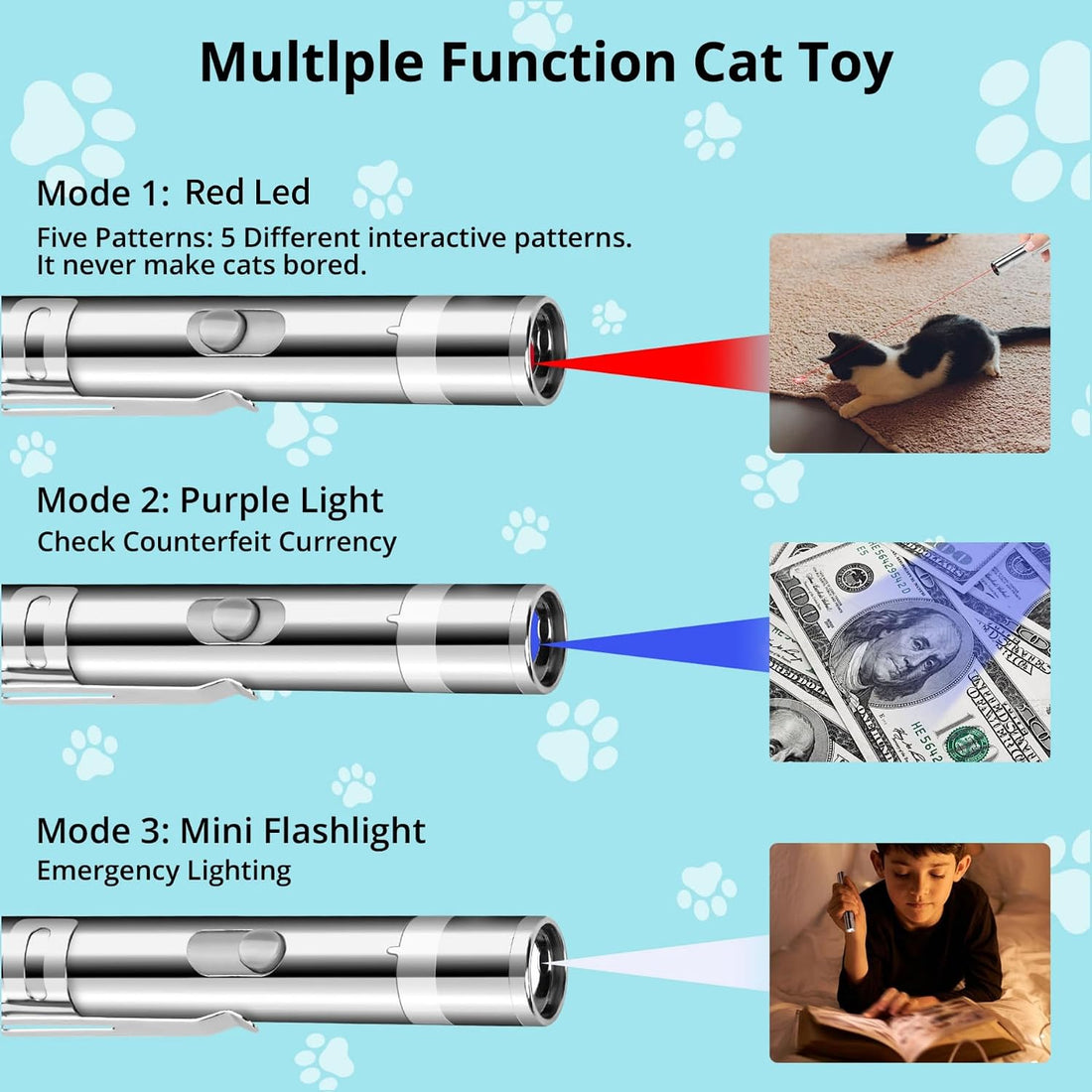 Waputne Cat Toy, 2 Pieces, Rechargeable, 3 Light Modes, 5 Fun Patterns