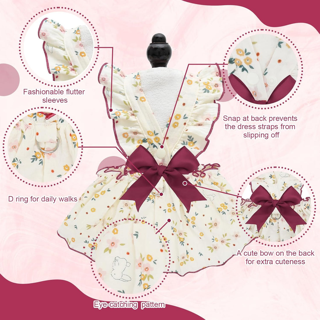 CuteBone Cotton Dog Dress Flowers with Leash Ring & Sleeve Ruffles
