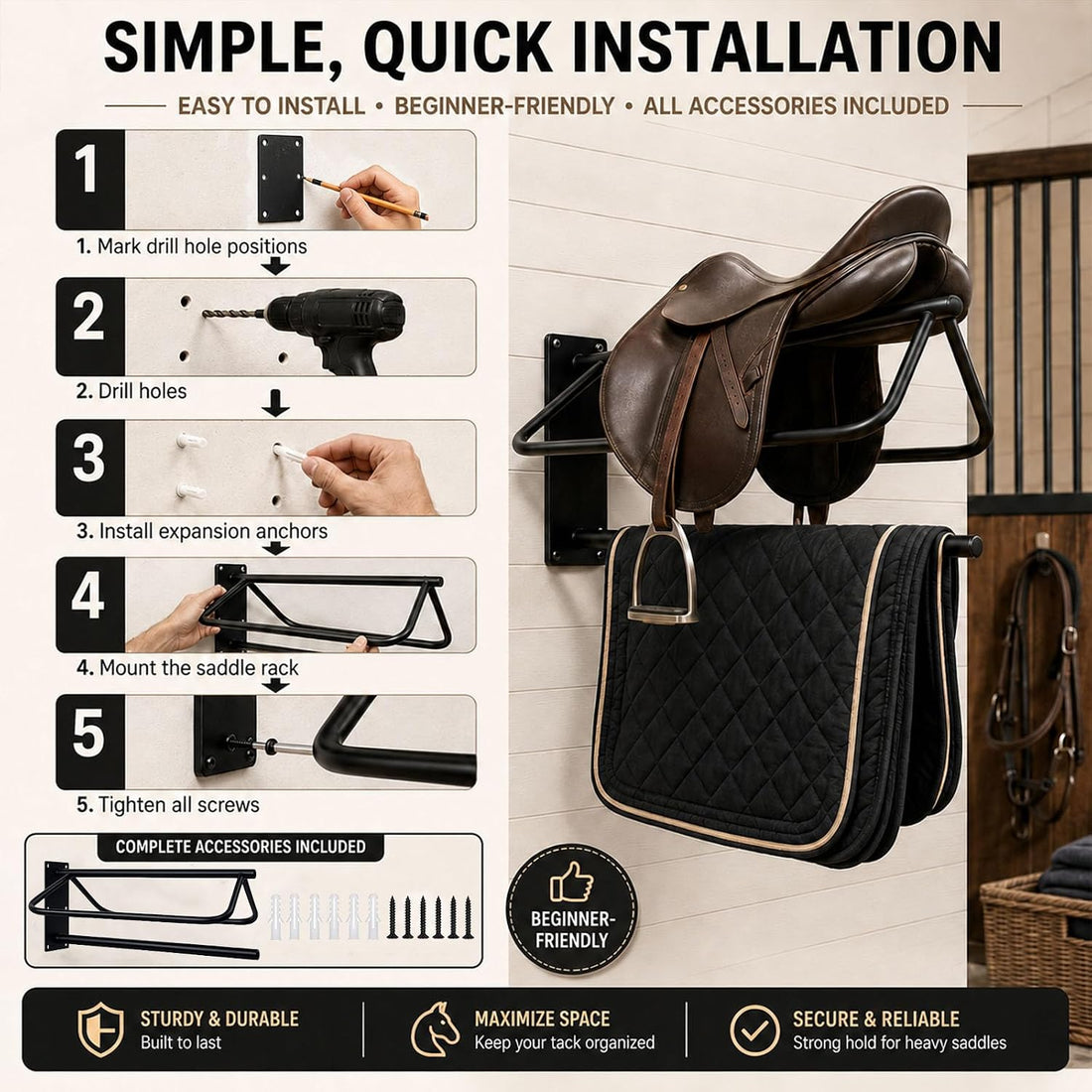 2 Pack Wall Mounted Saddle Rack with Pad Bar for English and Western