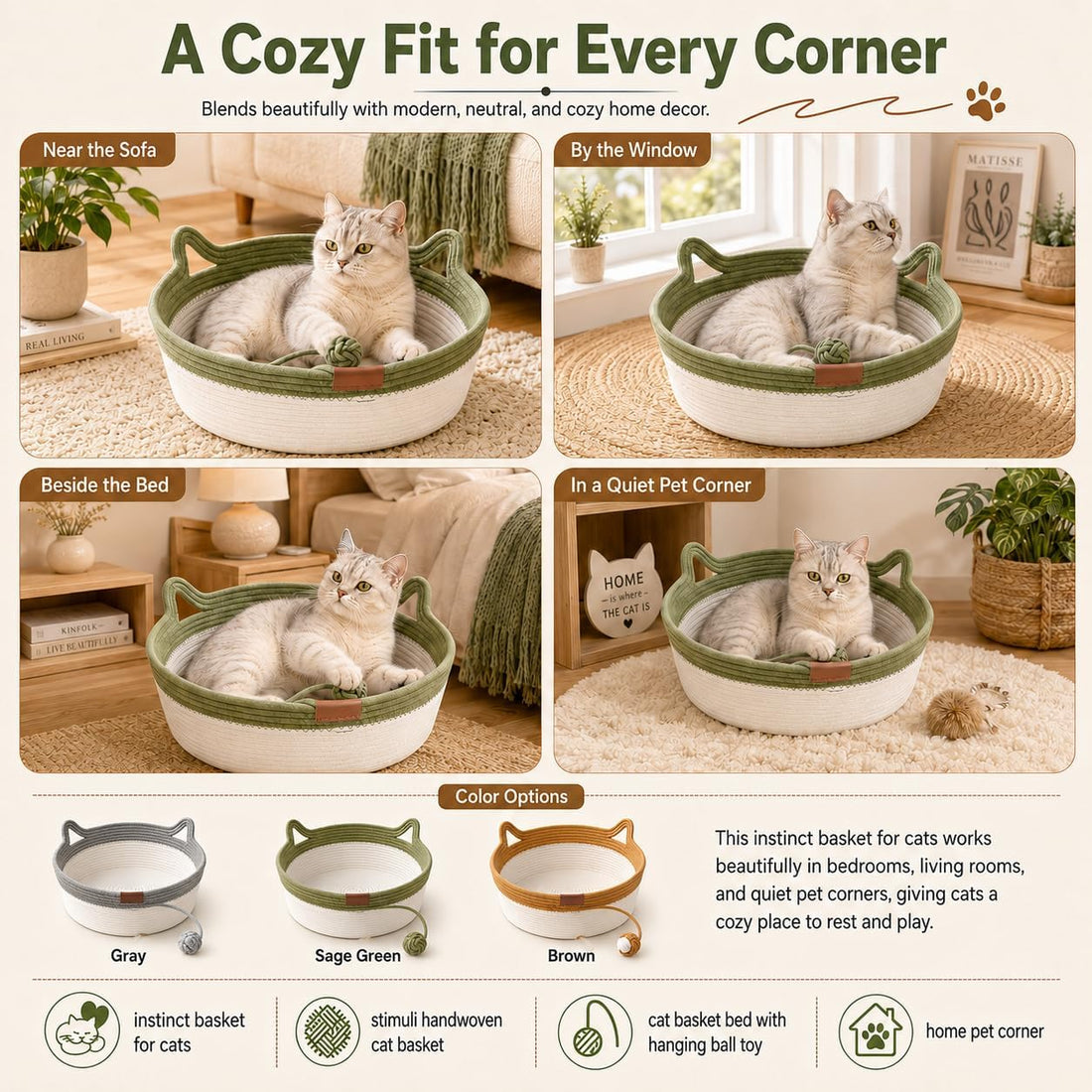 Instinct Basket for Cats - Handwoven Cotton Rope Enrichment Bed