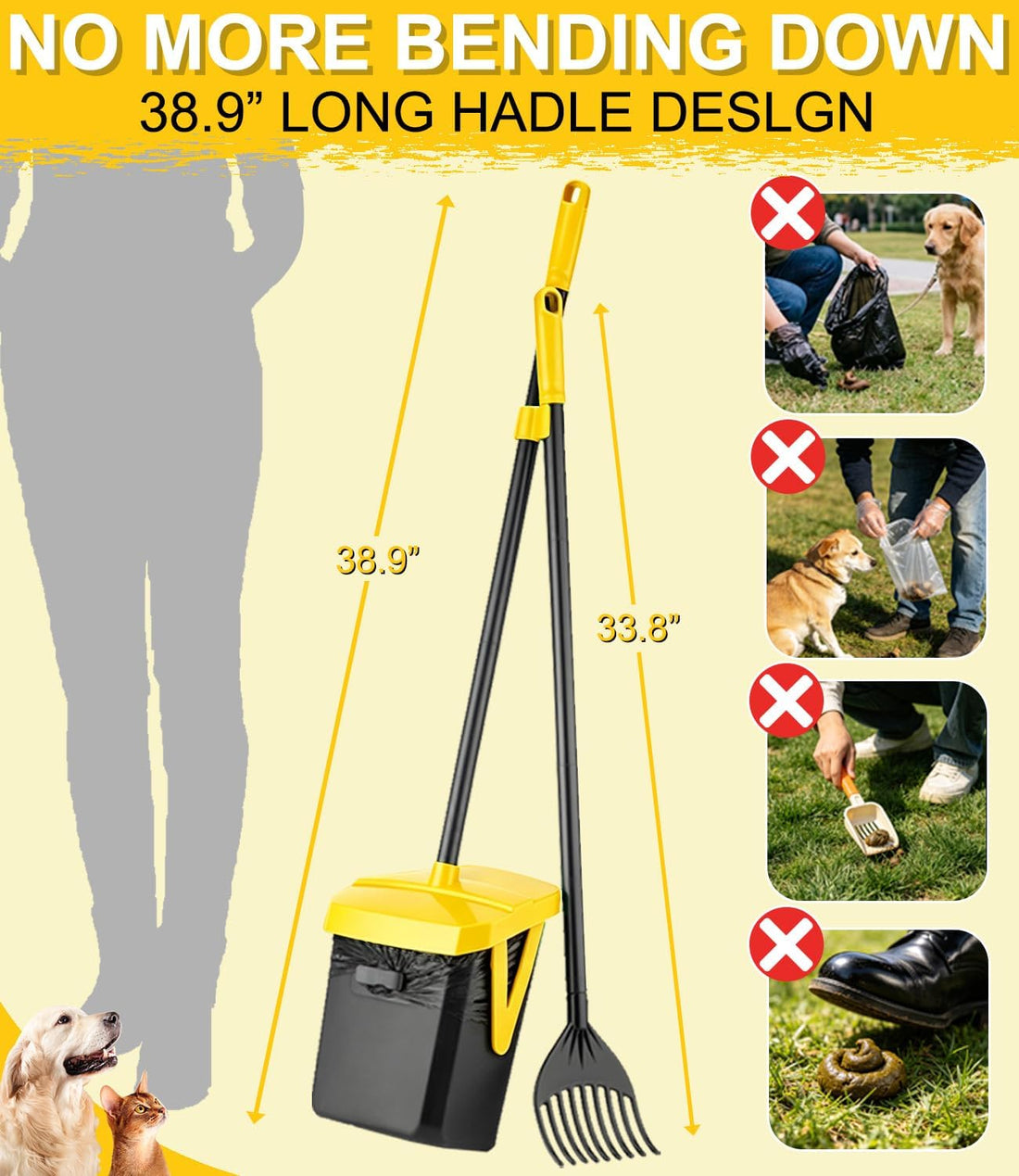 FUSBUNTY Dog Pooper Scooper, Swivel Bin & Rake Set with 100 Bags