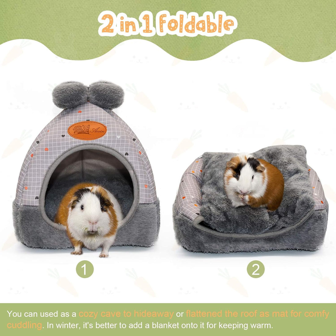 YUEPET Bunny Bed, Rabbit Hideout, Guinea Pig Cave, Grey Grid with Bow