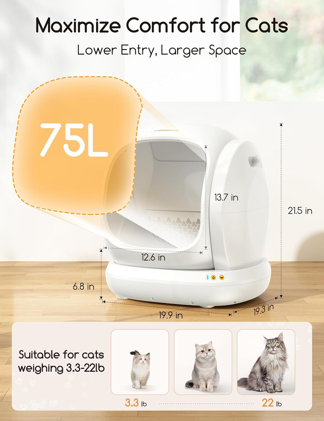 Meowant Self-Cleaning Cat Litter Box, 75L Extra Large Open-Top