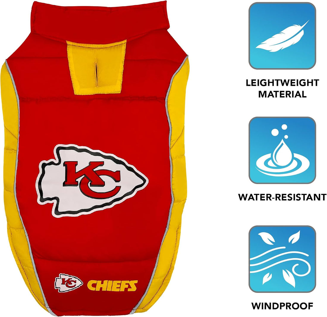 Pets First Kansas City Chiefs Puffer Vest, Small, Waterproof Dog Coat
