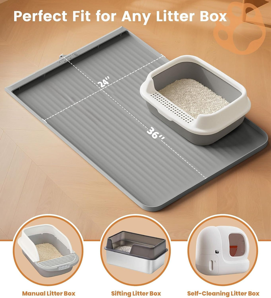 Cat Litter Mat 36"x24", Waterproof Litter Trapping Mat, Grey