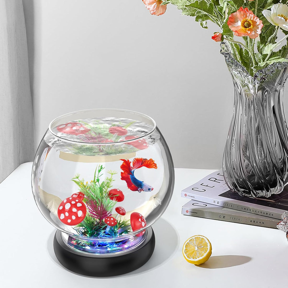 hygger 0.5 Gallon/1 Gallon Glass Fish Bowl with LED Light and Decor