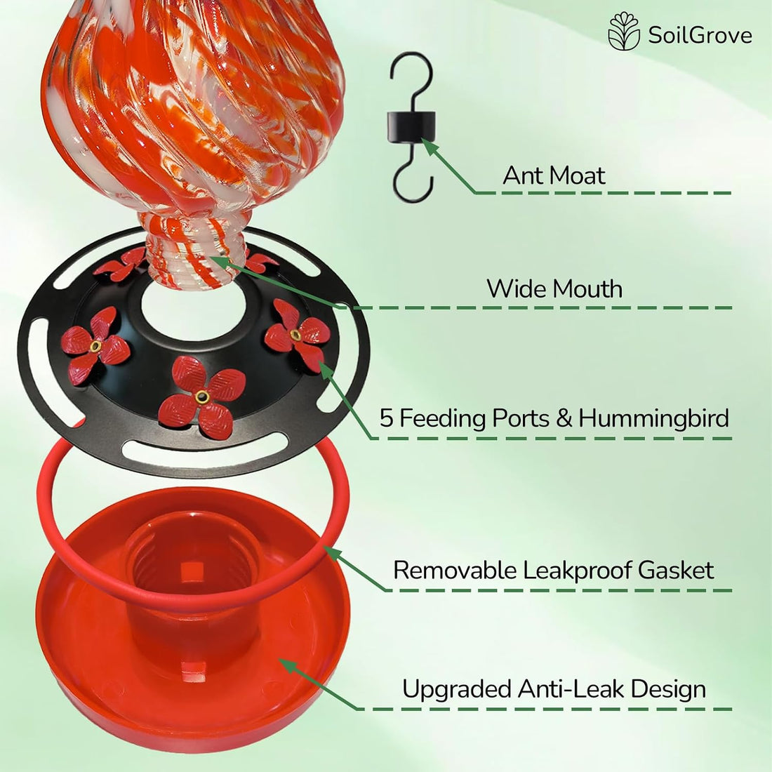 Blown Glass Hummingbird Feeder, 24oz Glass Nectar Feeder
