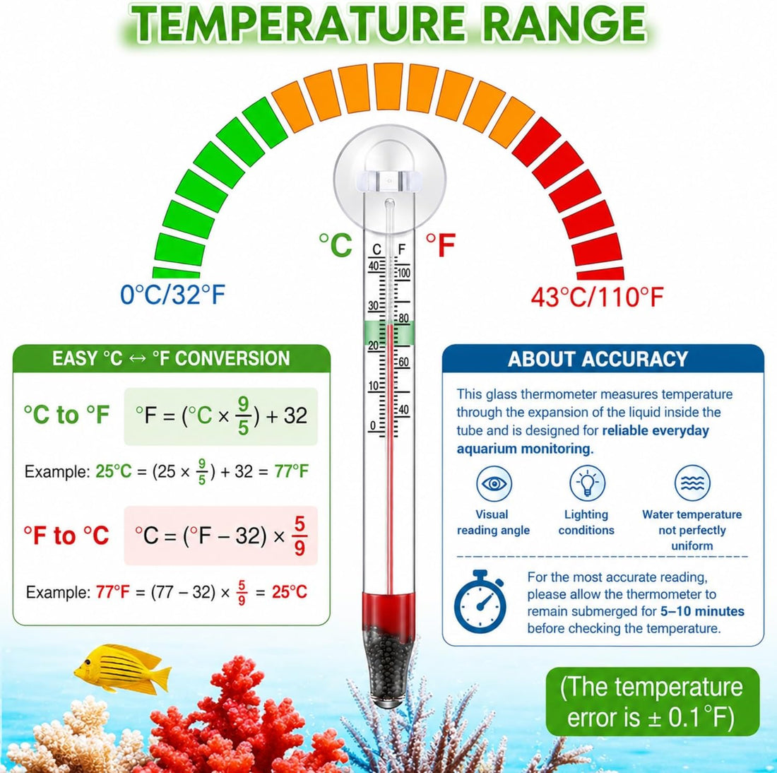 Dreyoo 2 Pack Floating Aquarium Thermometers, 0-43°C/32-110°F