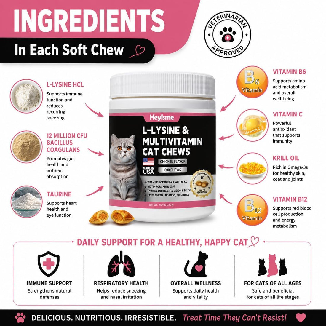 L-Lysine for Cats, 600 Chews Cat Immune Support, Cat Multivitamin