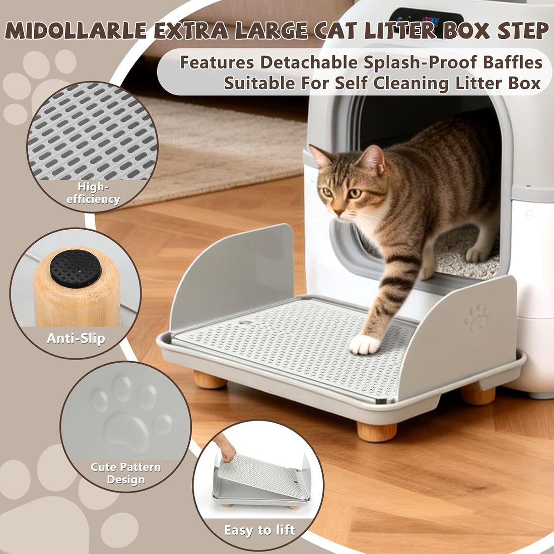 Cat Litter Box Step, Cat Ramp for Litter Box with Baffles, Gray