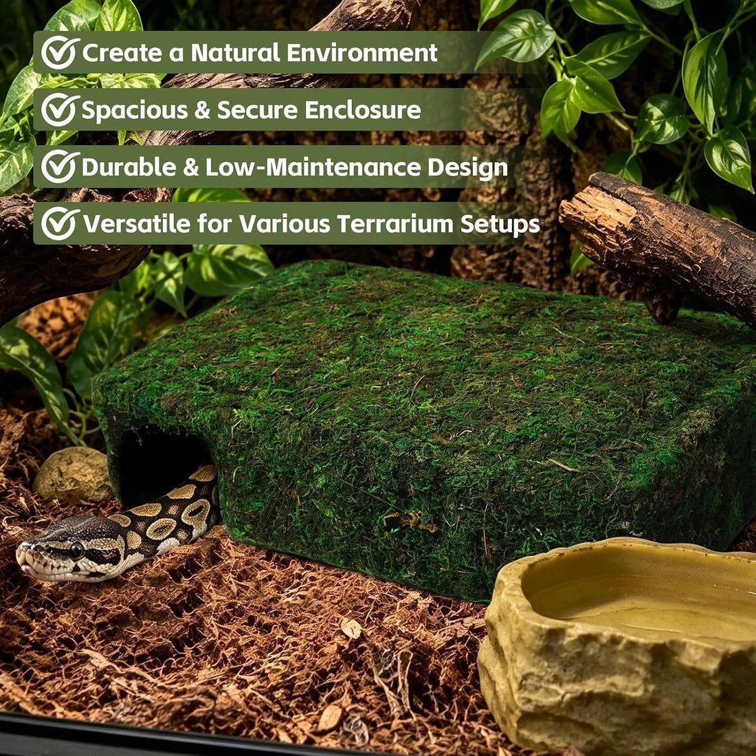 L Size Green Moss Cave Hide, Reptile Shelter for Gecko Snake