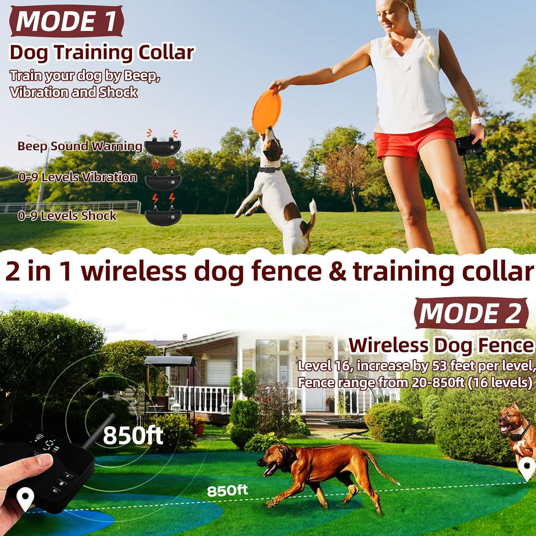Wireless Dog Fence System for 2 Dogs, 2-in-1 Fence & Training Collar
