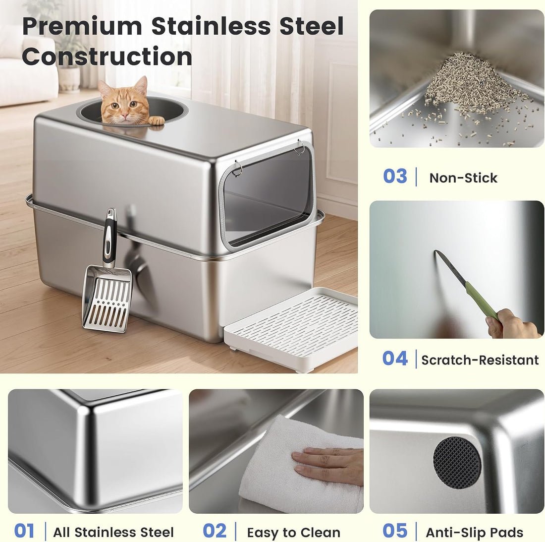 Stainless Steel Litter Box with Lid, Side Entry, 23.1x14.7x15.3 in