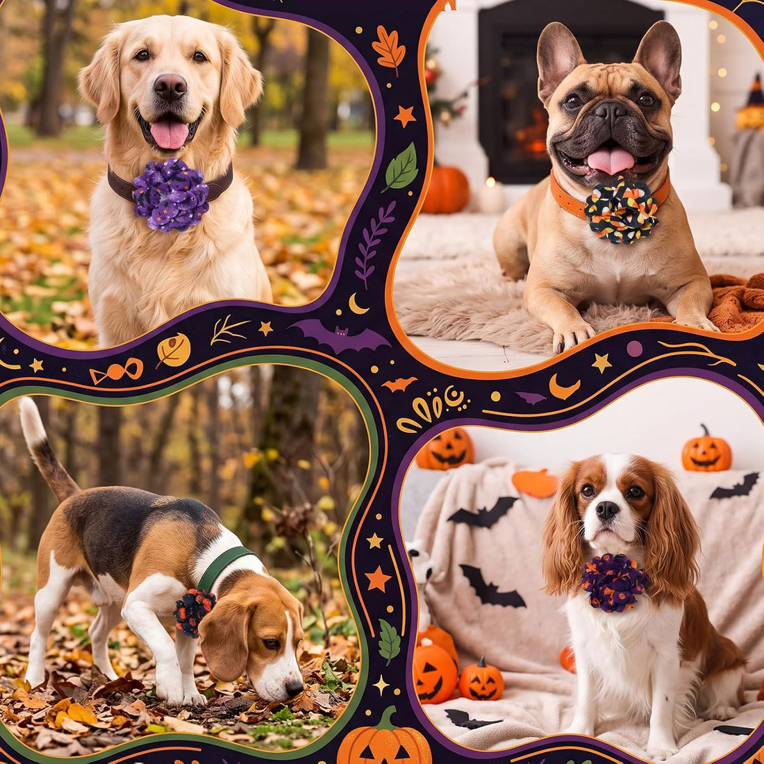 Dansydaisy 50 Pcs Halloween Dog Collar Flowers Bulk, Pumpkin Ghost Bat