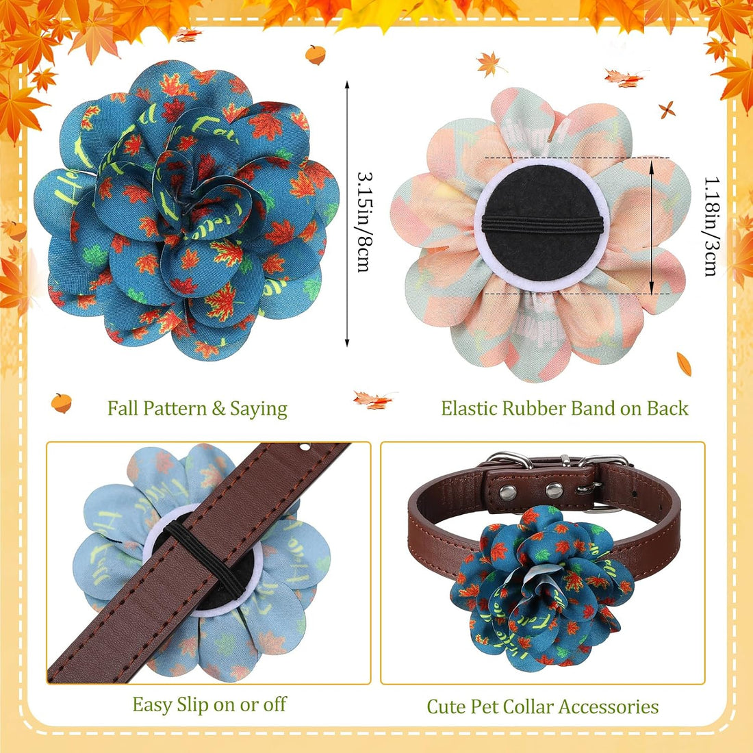 Sanwuta 30 Pcs Fall Pet Collar Flowers Bow Slide Attachments, Pumpkin