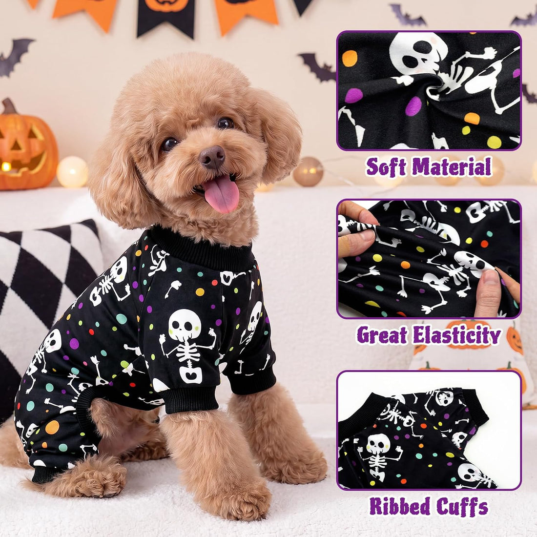 XPUDAC Dog Halloween Pajamas for Small Medium Dogs Skull Costume Soft