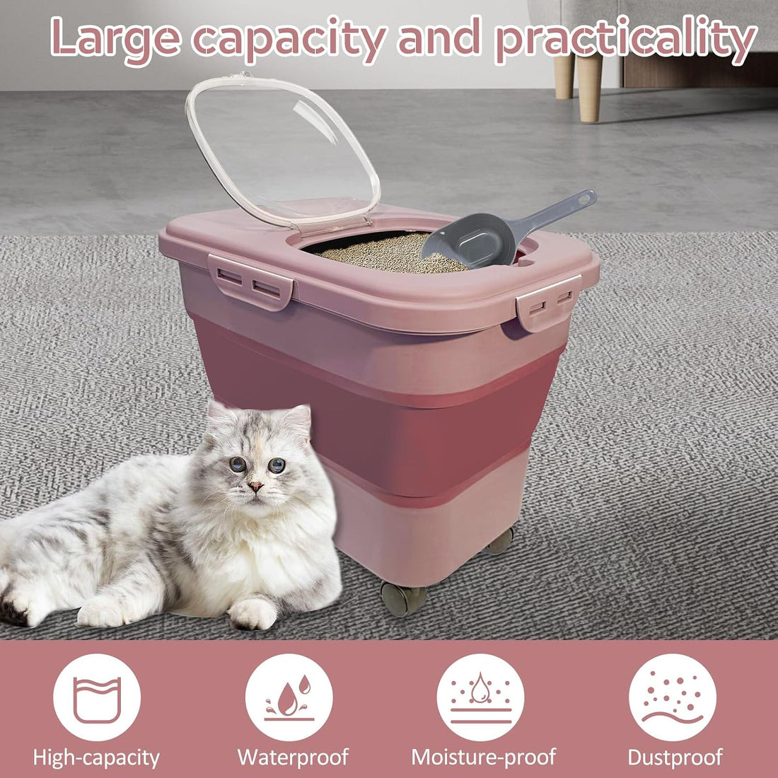 SECOAT Collapsible Cat Litter Storage Container with Rolling