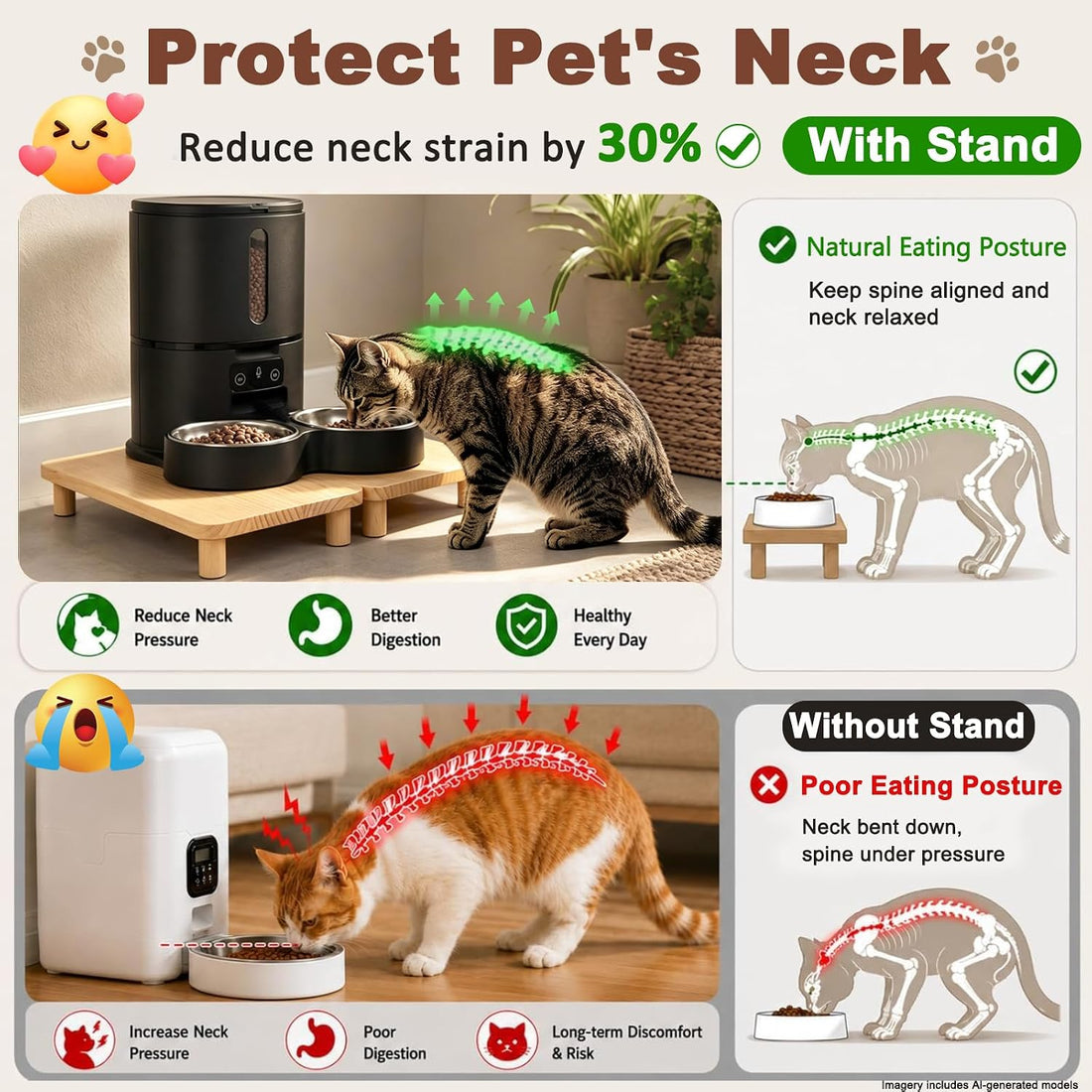 SZEE 2-Pack Cat Food Stand, Elevated Pine Wood Cat Feeder Stand for 2