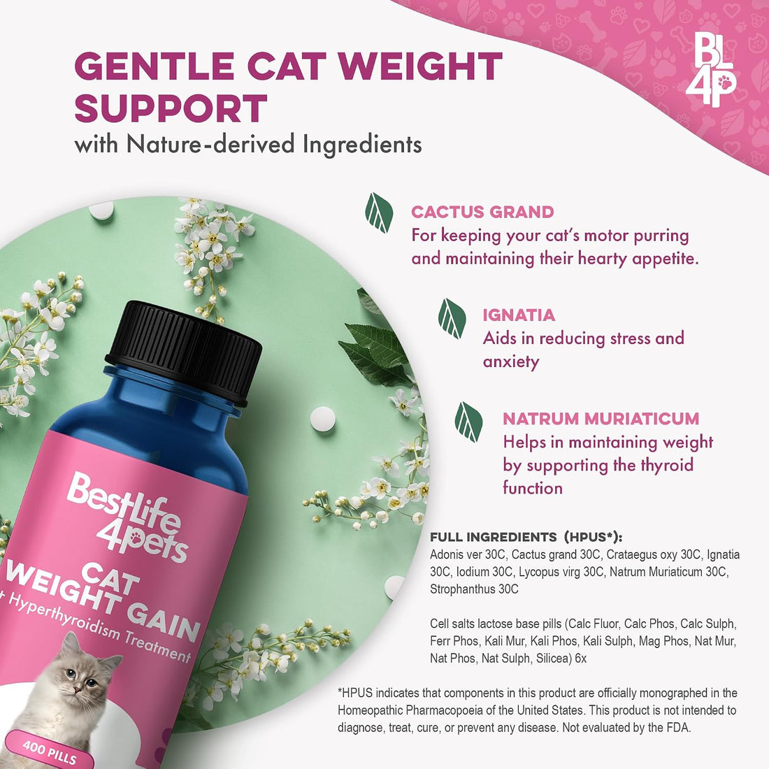BestLife4Pets Cat Weight Gainer & Thyroid Support - 400 Pills