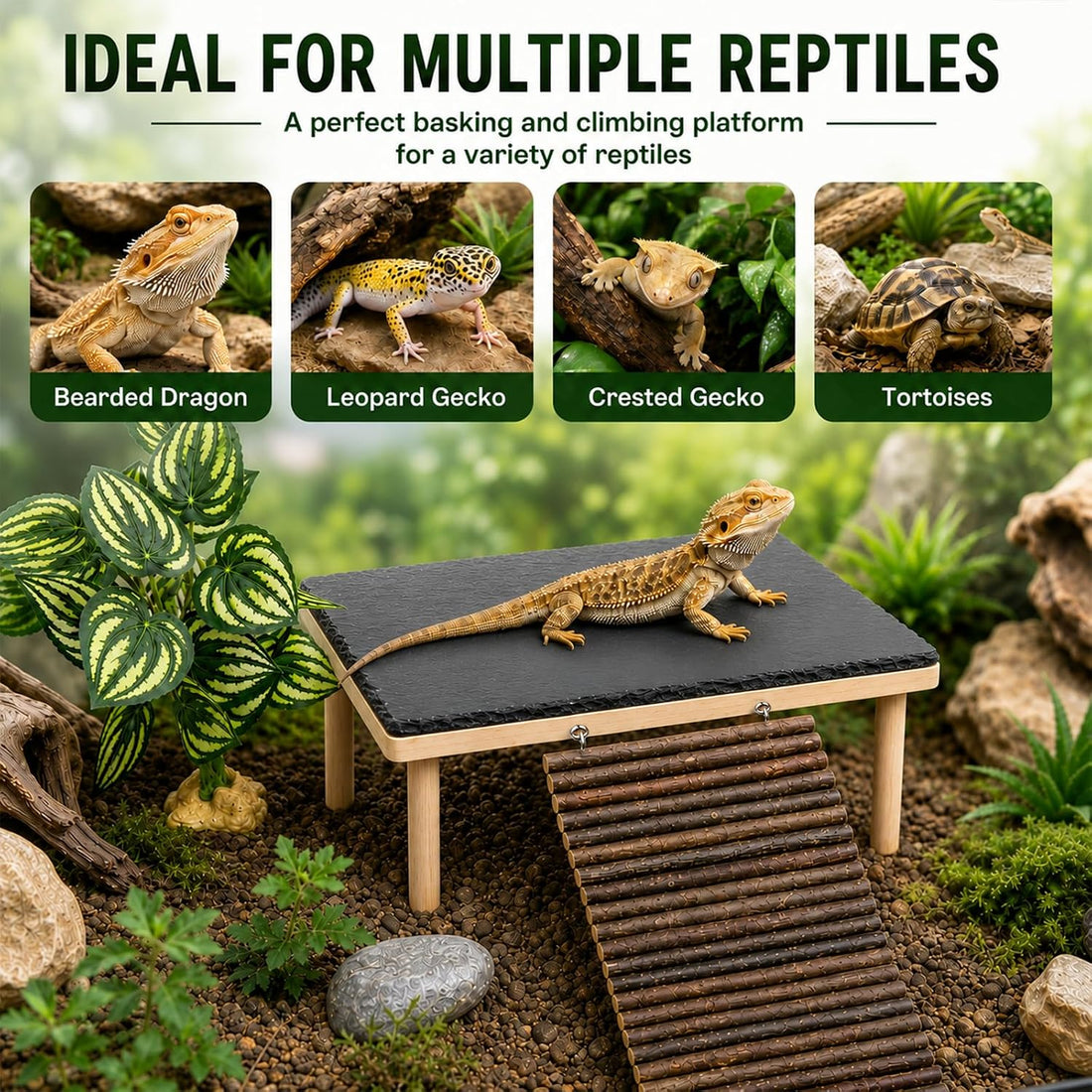 Bearded Dragon Basking Platform with Genuine Natural Slate Rock