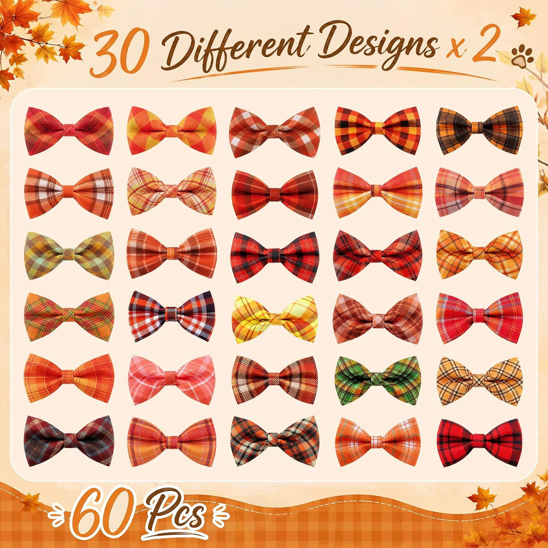 Silkfly 60 Pcs Fall Thanksgiving Plaid Dog Collar Bow Ties Bulk