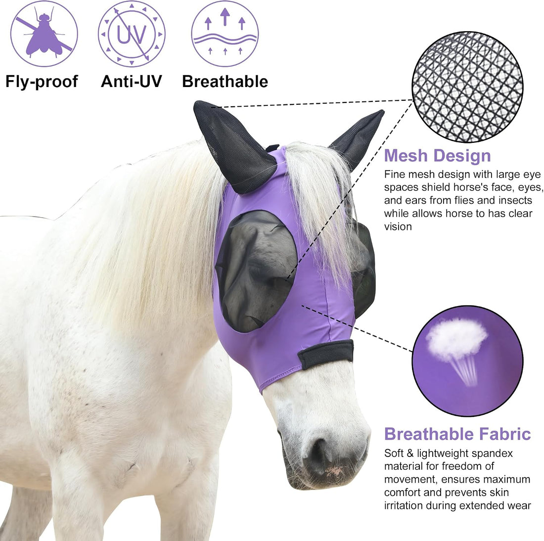 Elastic Fly Mask for Horse with Ear, Equine Fly Mask UV Protection