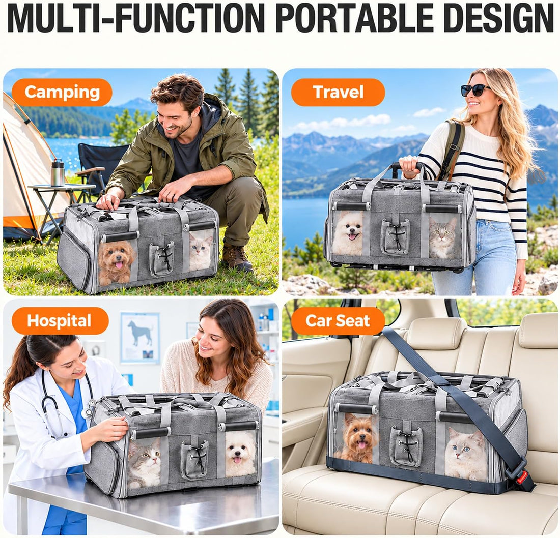 Large Cat Carrier for 2 Cats with Wheels, Double Rolling Pet Carrier