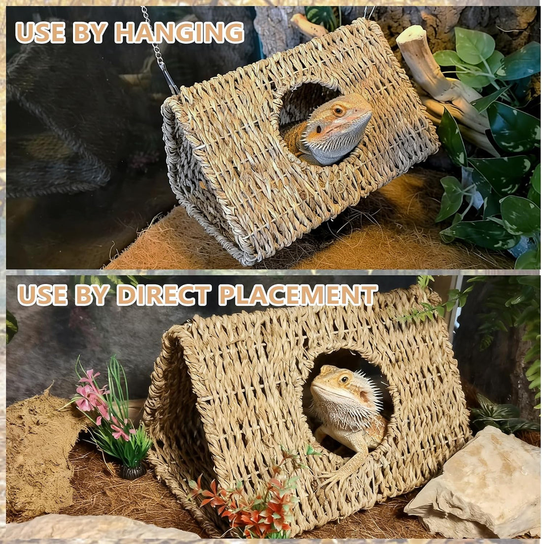Hanging Reptile Hide Cave,Natural Seagrass Bearded Dragon Hammock