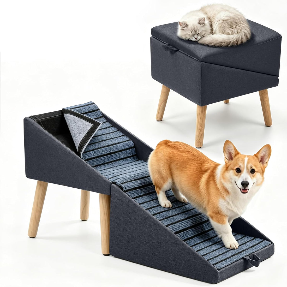 Step Stool Dog Ramp, Foldable 2-in-1 Ottoman Pet Stairs for Couch