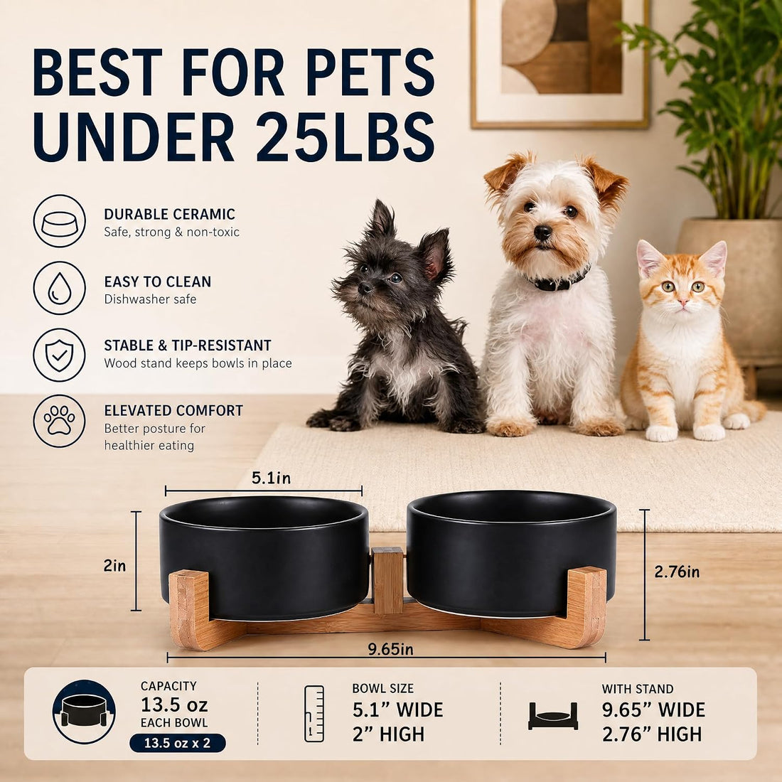 Petygooing Ceramic Dog Cat Bowls Set with Stand,Black Pet Food