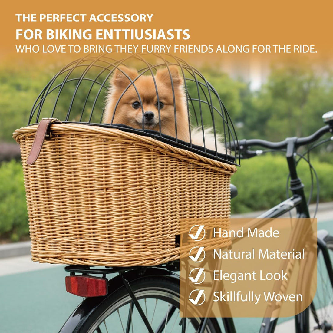 Rear Bike Basket for Dogs, Wicker Pet Bicycle Carrier for Small Dog