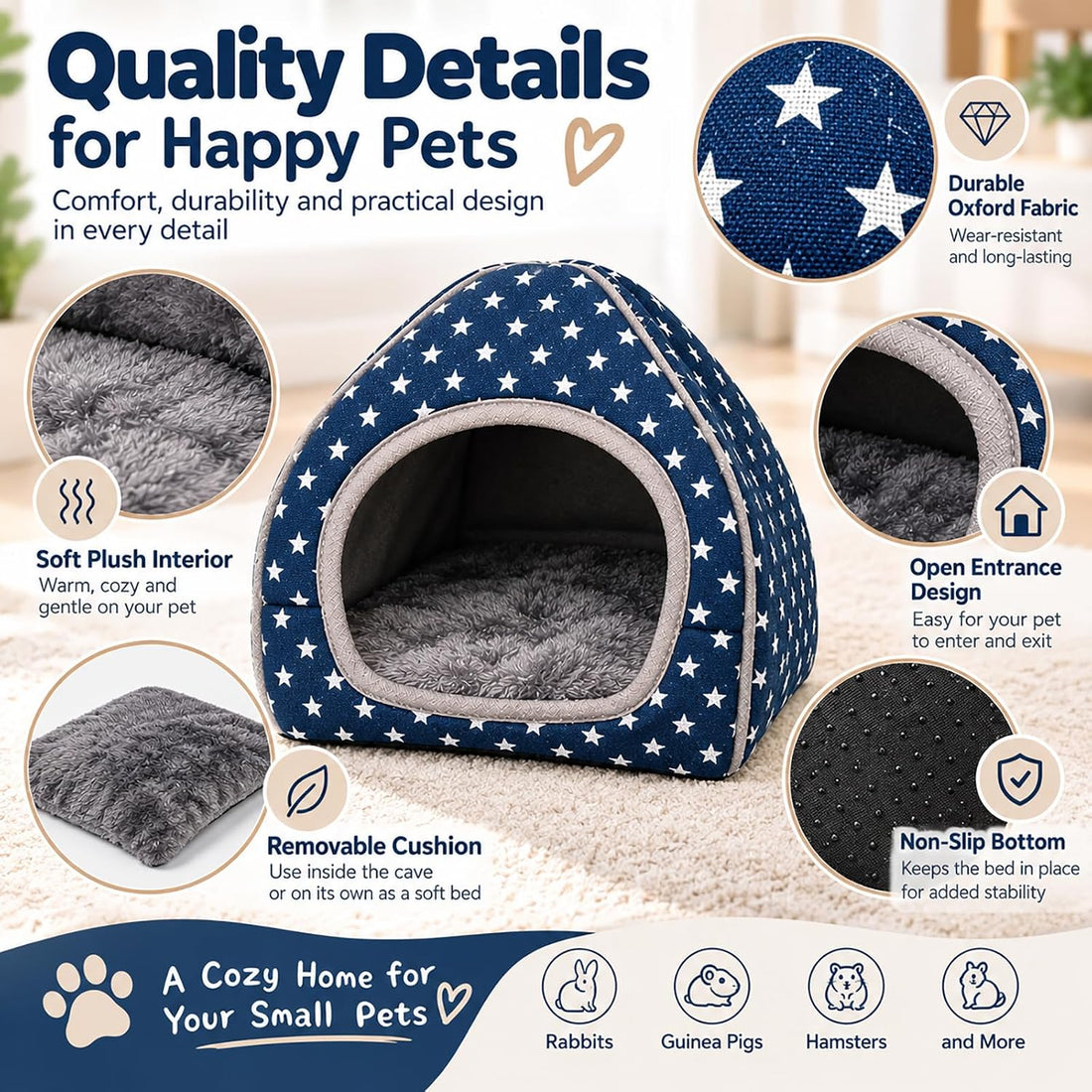 BWOGUE Guinea Pig Bed Hideout, Washable Hamster Cave for Small Animals
