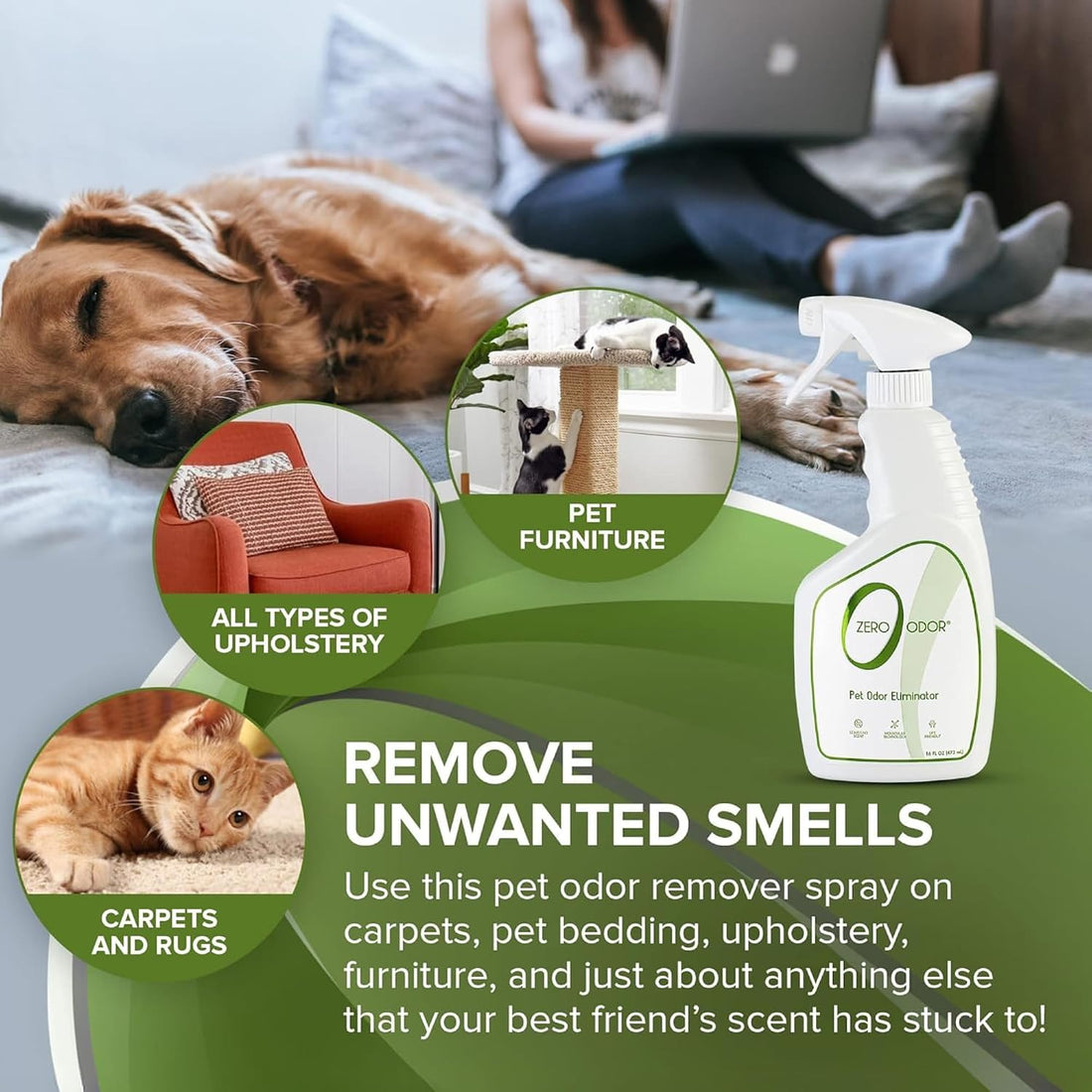 Zero Odor Pet Odor Eliminator, Air and Surface Odor Remover for Carpet