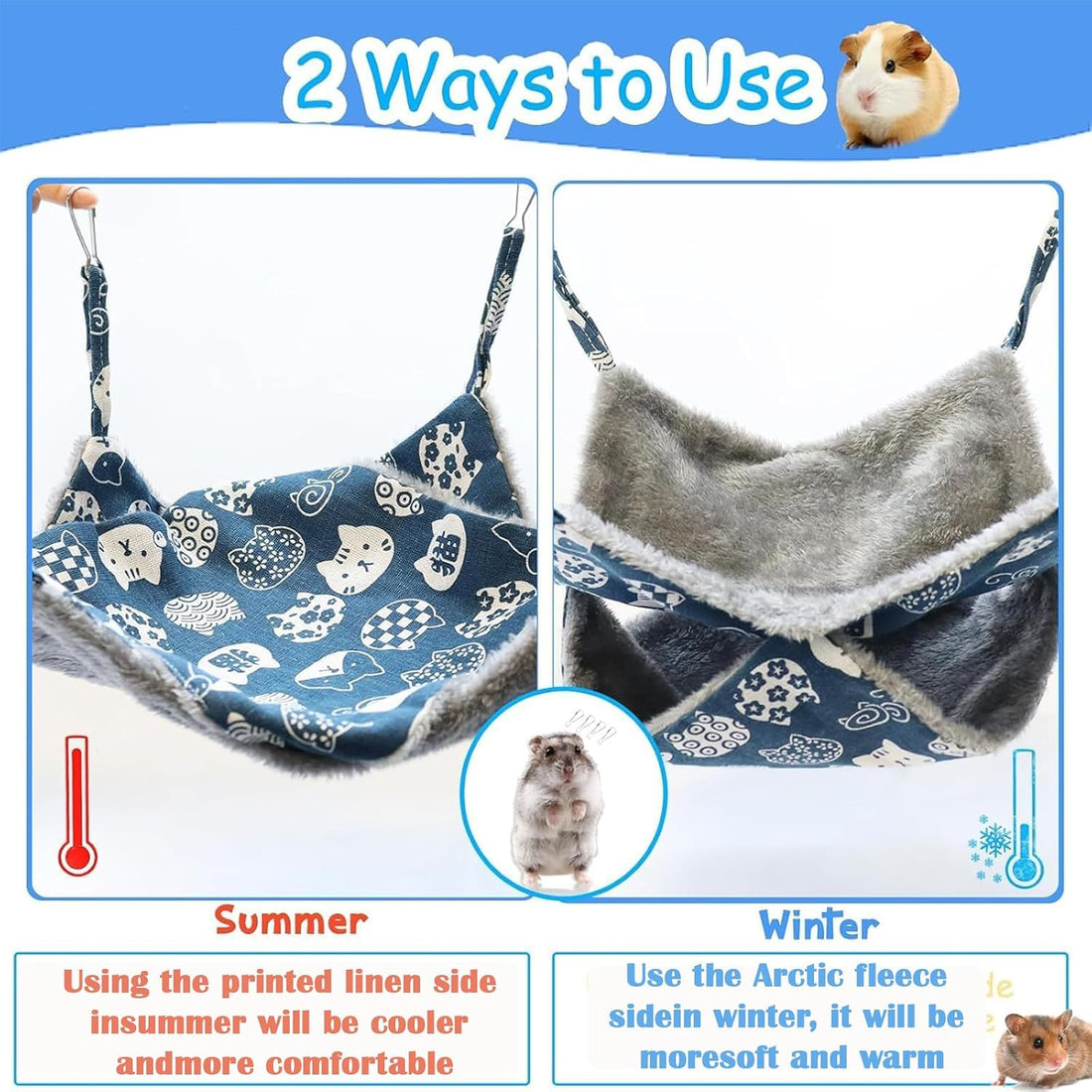 2 Layers Pet Rat Hammock, Double Sided Warm Flece & Linen Hammock