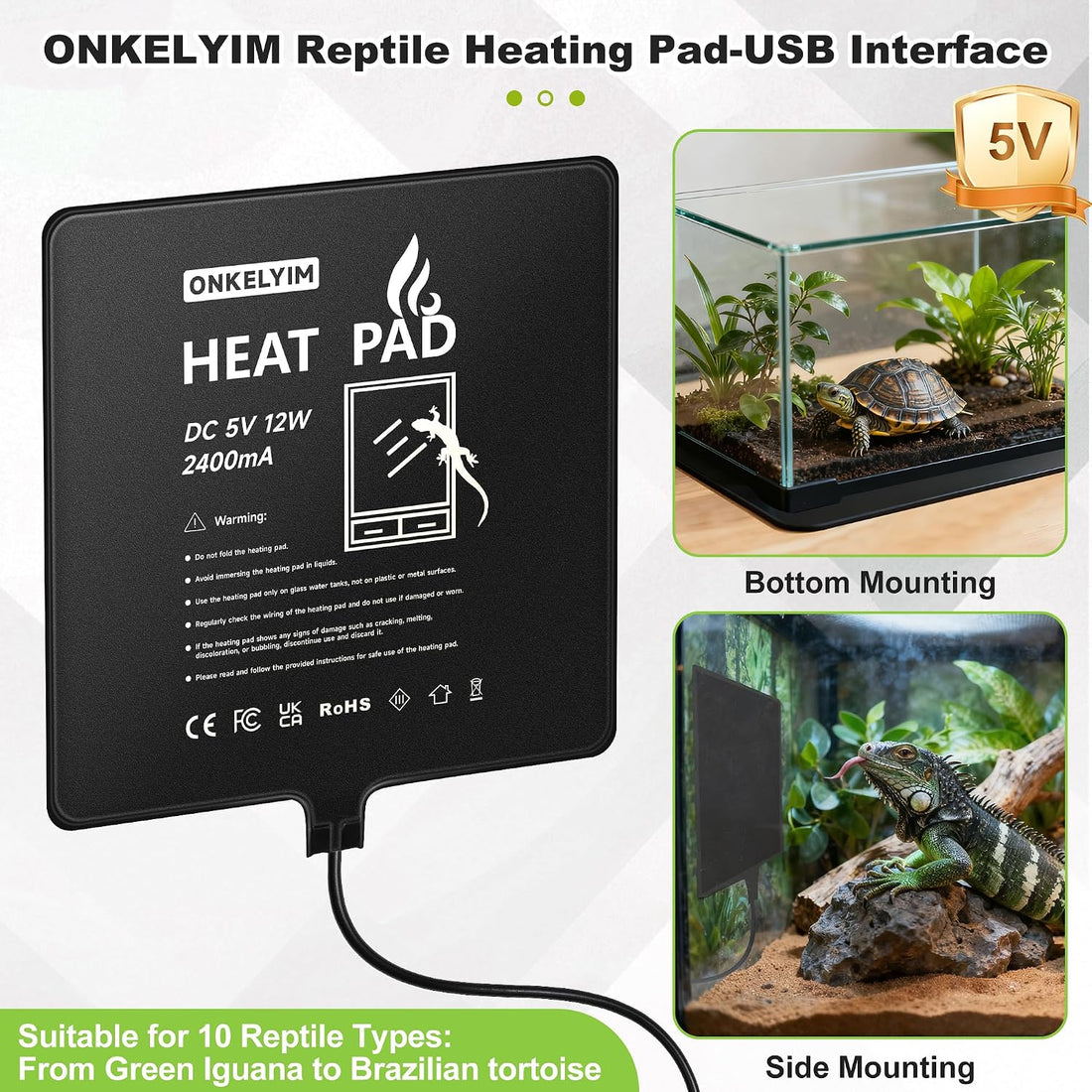 USB Reptile Heat Pad, 8"X8" 12W Heating Mat for Reptiles