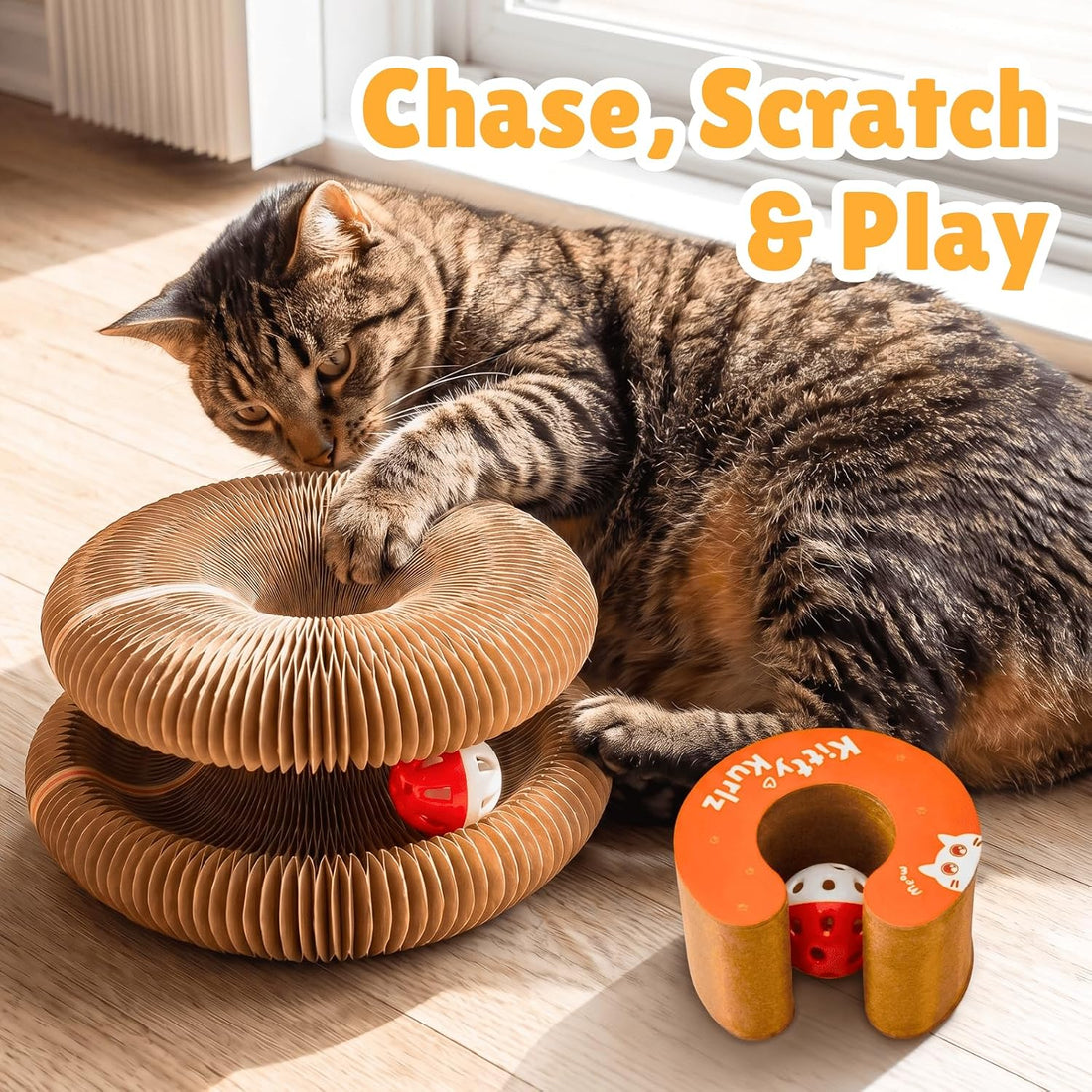 KITTY KURLZ Interactive Cat Toy & Cardboard Cat Scratcher
