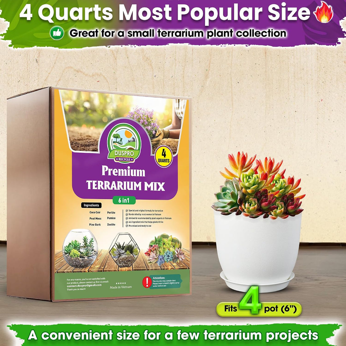 DUSPRO 6-in-1 Terrarium Soil Mix, Pre-Mixed & Ready to Use, 4QT