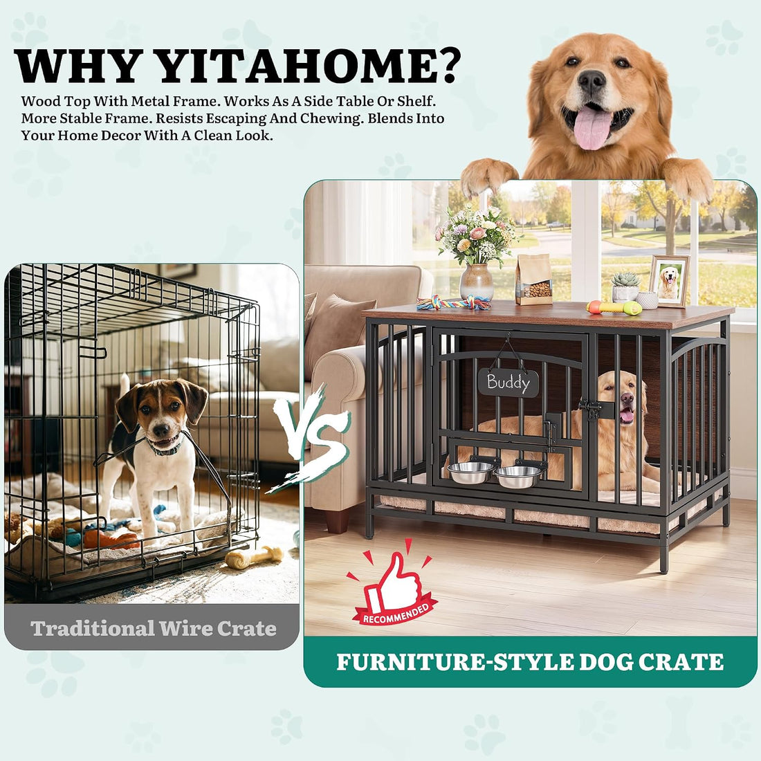 YITAHOME 41.3" Foldable Dog Crate Furniture with 360° Swivel Feeding