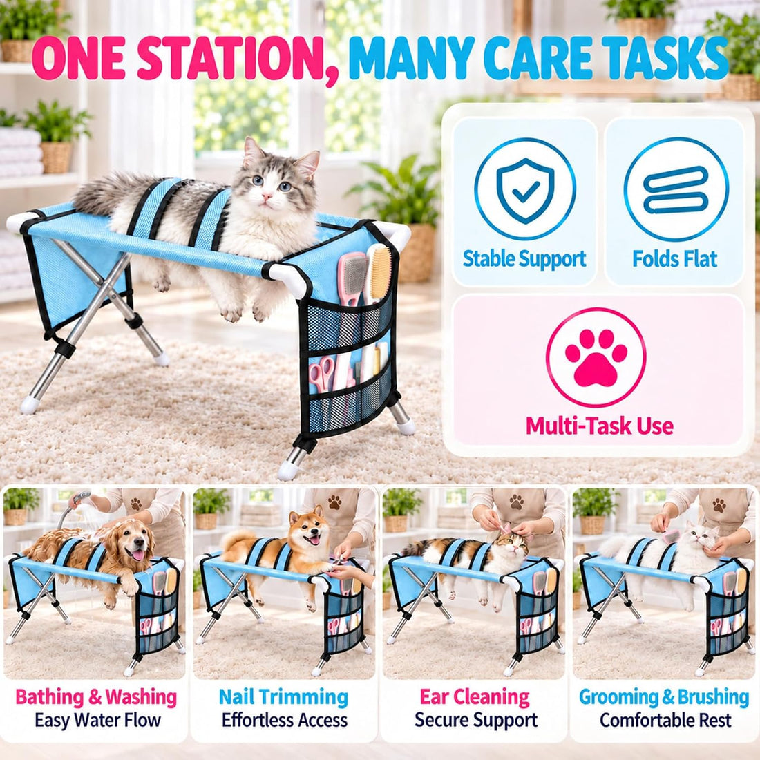 Dog Grooming Hammock with Stand, Foldable Pet Bathing Hammock for Cats