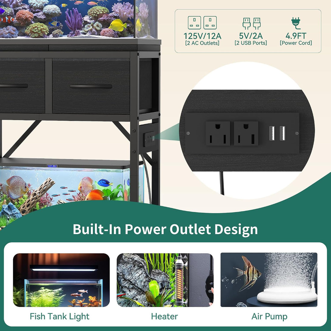 Heybly 10-20 Gallon Fish Tank Stand with Power Outlets & Storage