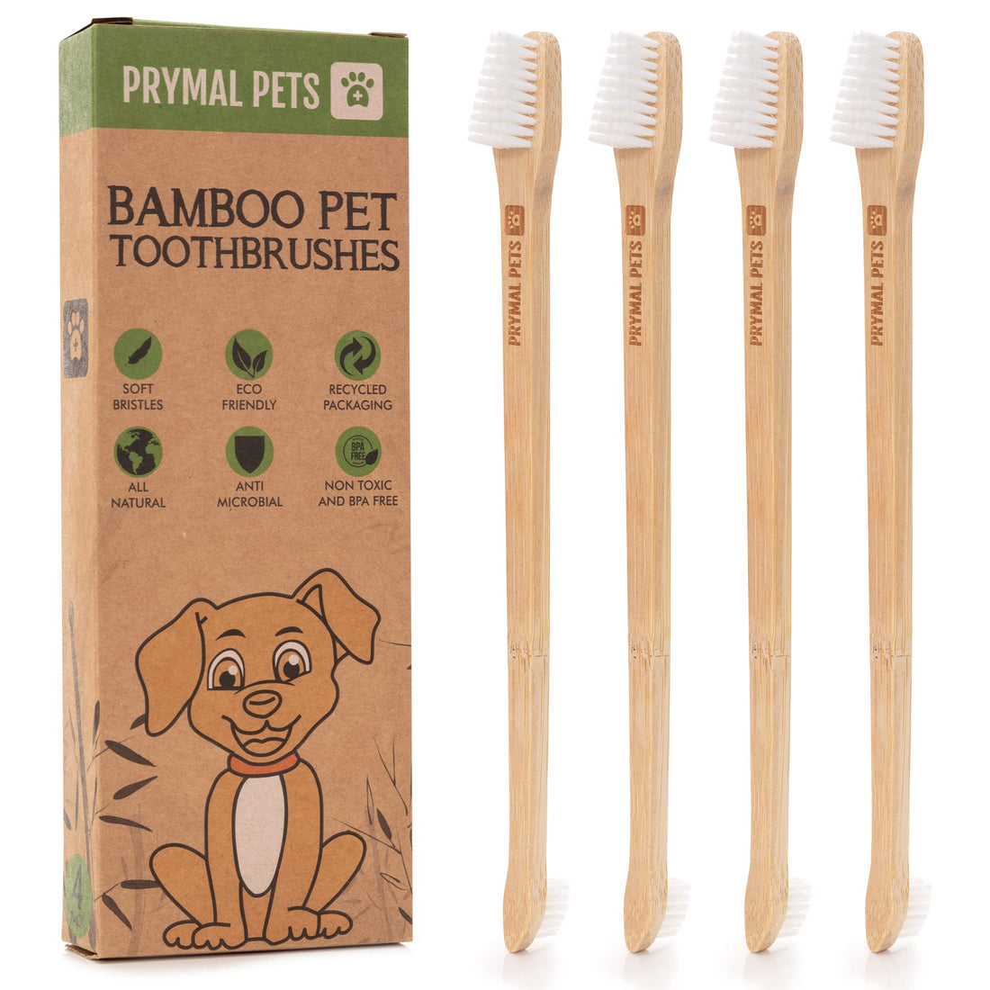Prymal Pets Dog Toothbrush I 4-Pack Two Sided Bamboo Toothbrush