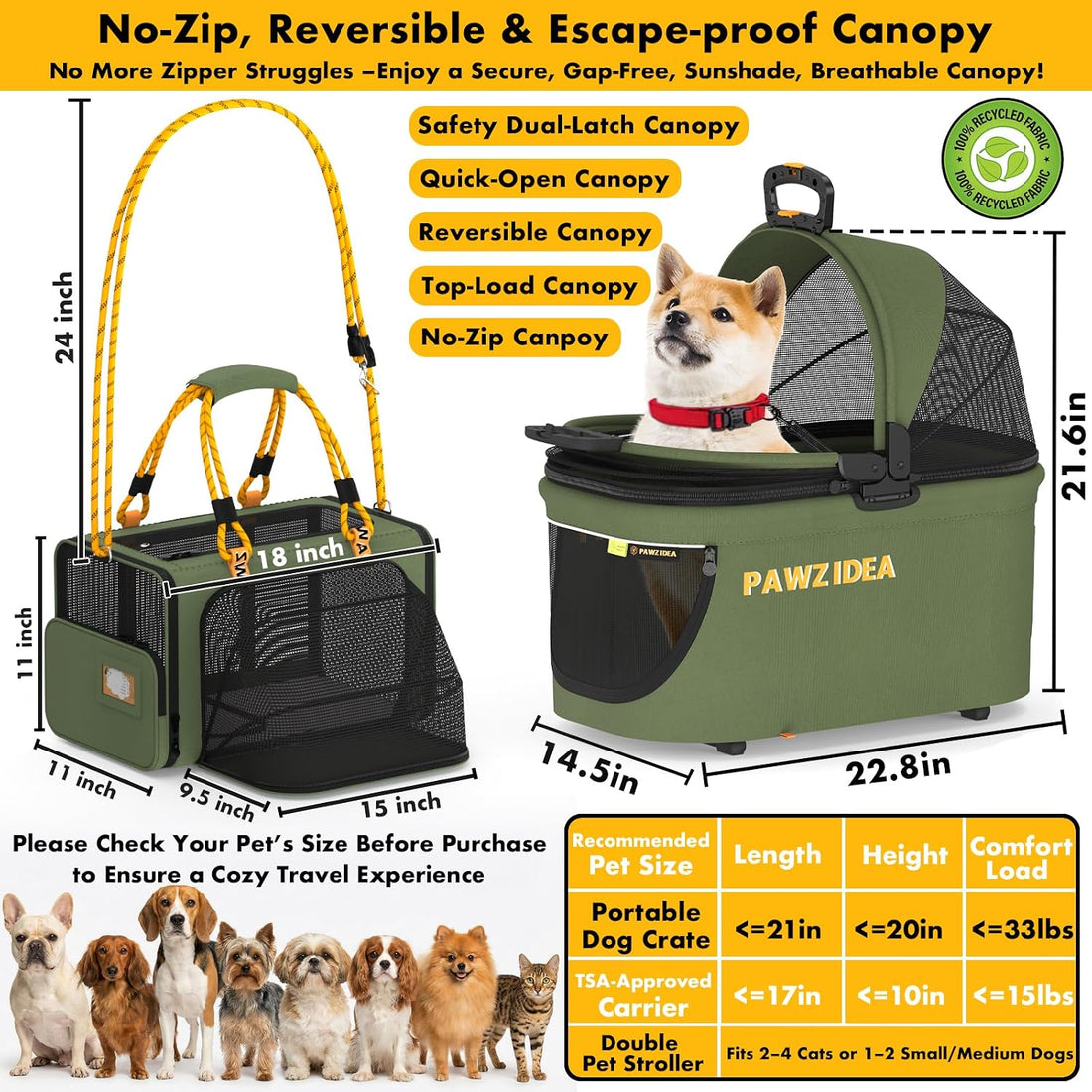 PAWZIDEA Double Pet Stroller with 2 Detachable Carrier for Multiple