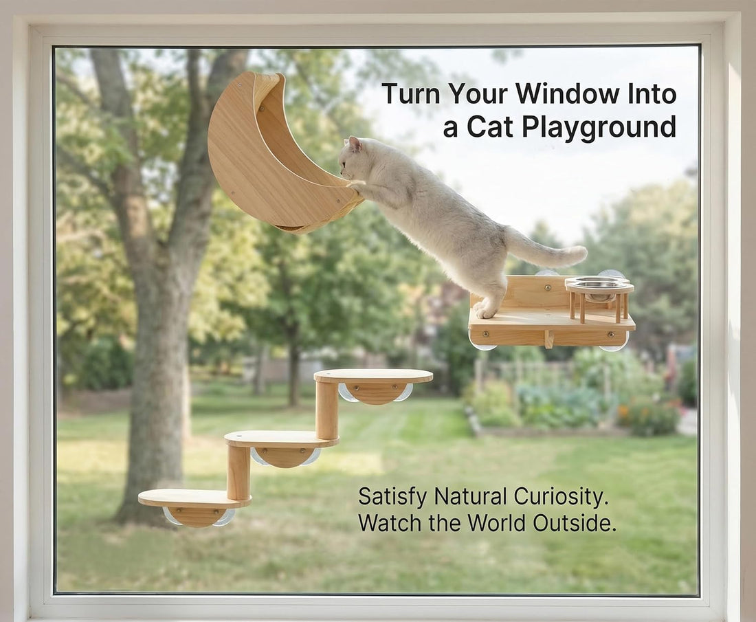Cat Window Ladder, 3-Level Solid Pine Steps for Climbing and Bird