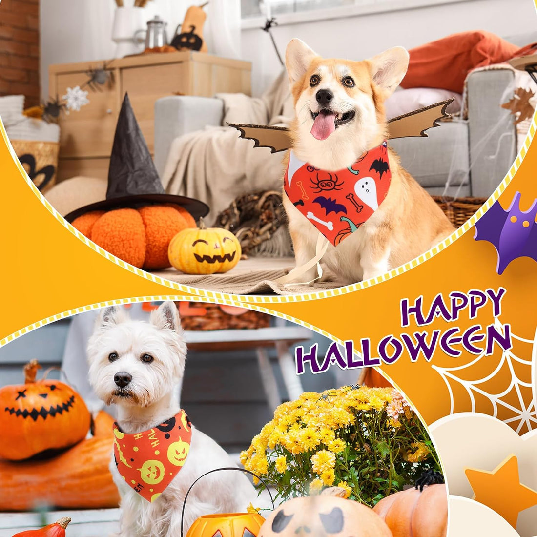 Abbylike 100 Pcs Halloween Dog Bandanas Bulk, Pumpkin Ghost Bat Skull